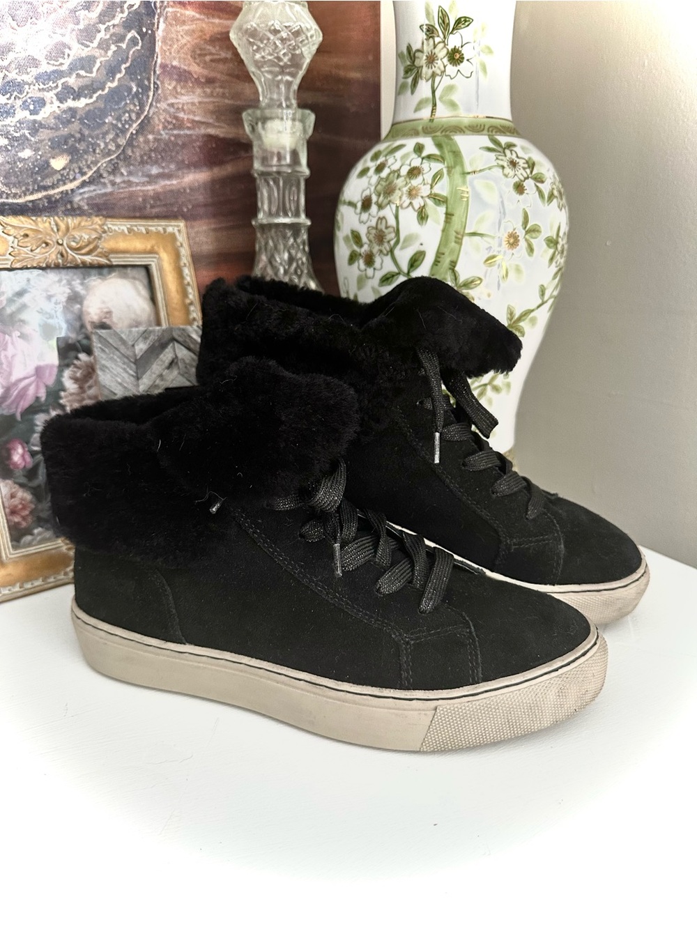 Cougar Black Suede Shearling Fur Lined High Top Platform Sneakers Size 8